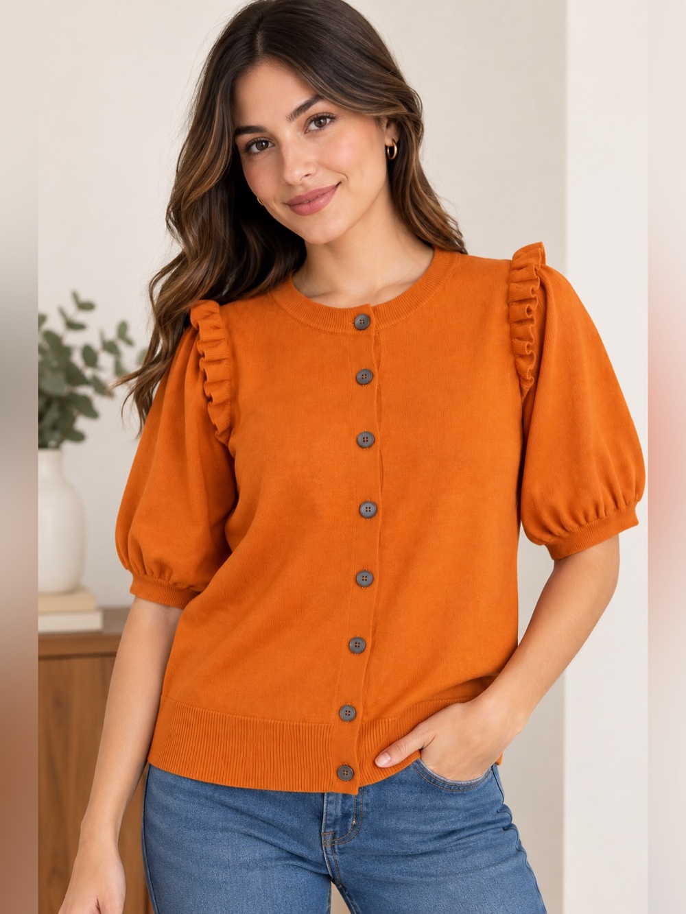 Boden Cardigan Women’s Size 6 Orange Cotton Ruffle Puff Sleeve Button Front Top